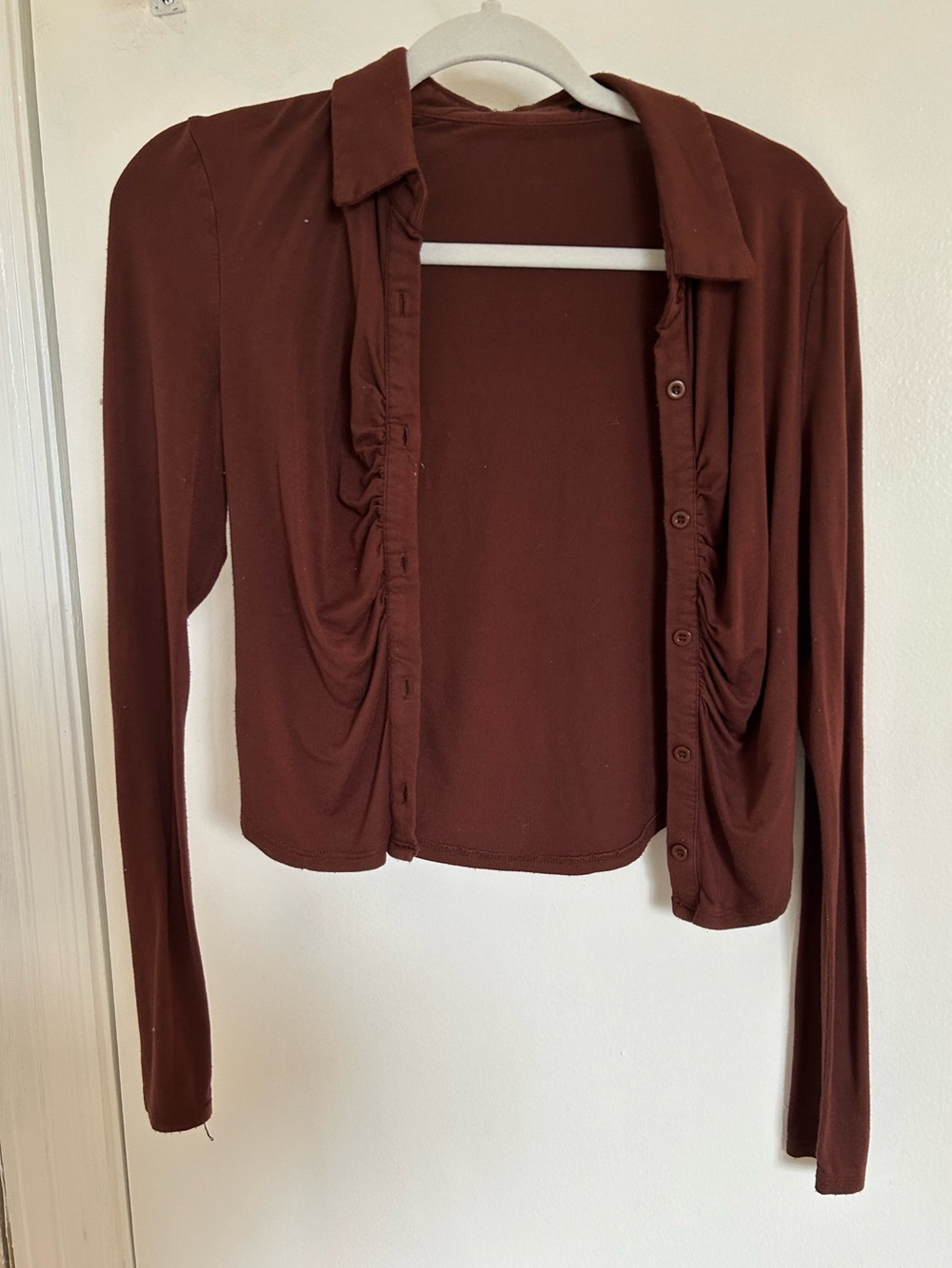 Women's Brown Ruched Button-Front Top